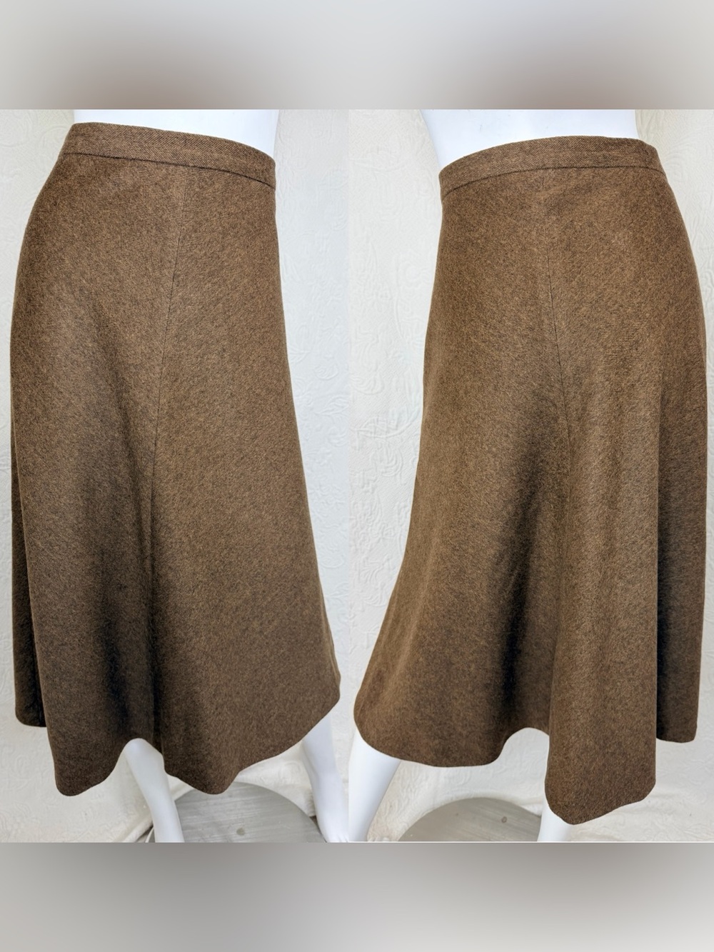 MaxMara Italian Wool & Angora Brown Herringbone A-Line Midi Skirt